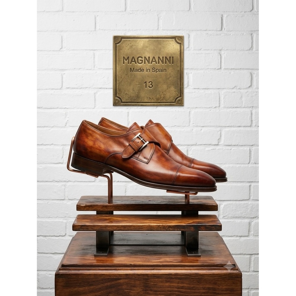 Magnanni Mens Cognac Leather Single Monk Strap Cap Toe Dress Shoes Size 13 Spain